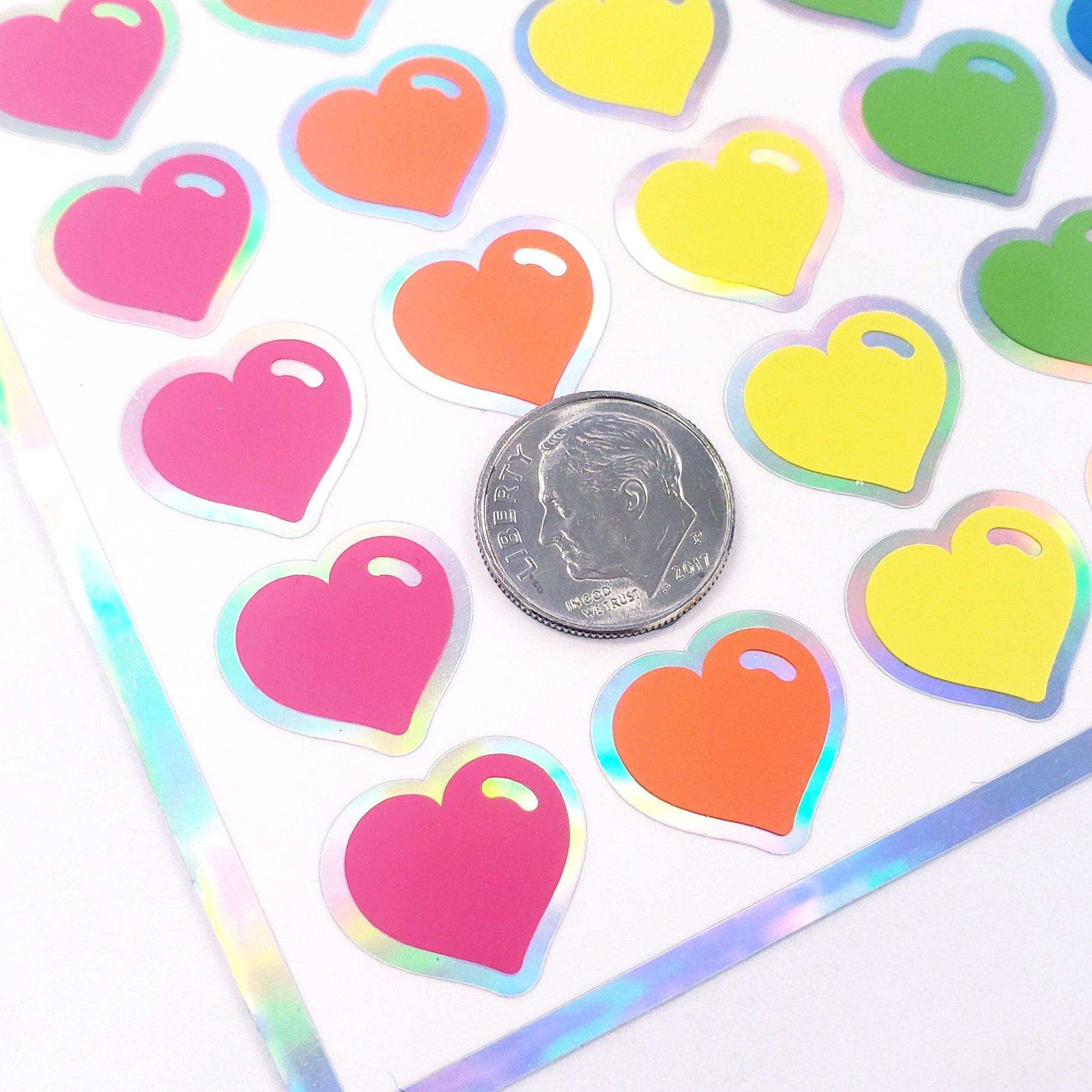 Heart Stickers, set of 60 small vinyl kawaii style hearts for invitations, envelopes, journals, scrapbook embellishments, rainbow hearts.