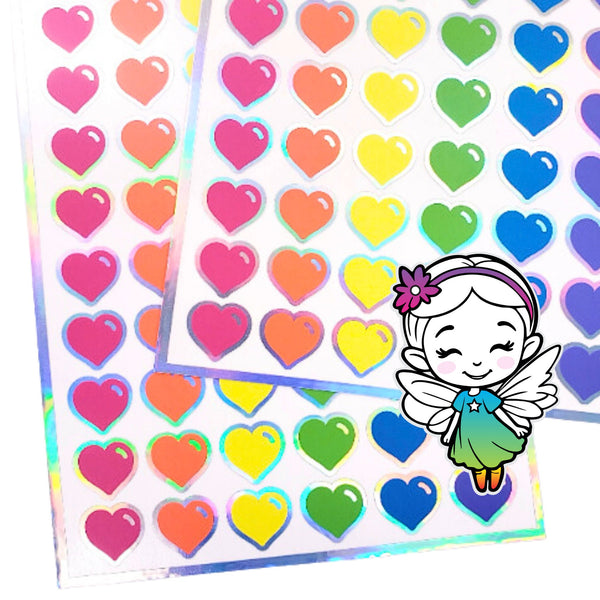 Heart Stickers, set of 60 small vinyl kawaii style hearts for invitations, envelopes, journals, scrapbook embellishments, rainbow hearts.