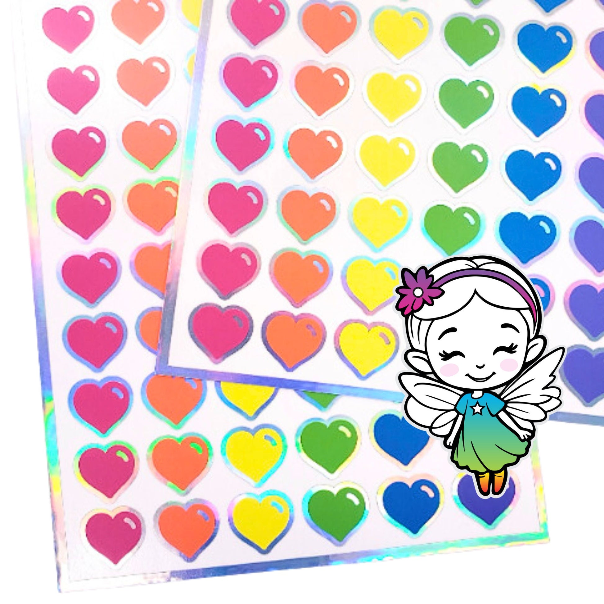 Heart Stickers, set of 60 small vinyl kawaii style hearts for invitations, envelopes, journals, scrapbook embellishments, rainbow hearts.