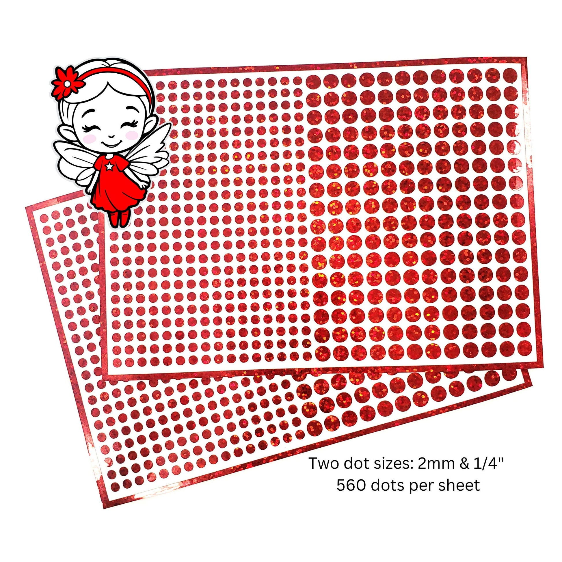 Red Glitter Dot Stickers, set of 560, two dot sizes 2mm and 1/4 red dots for journals, planners, period trackers, calendars and crafts.