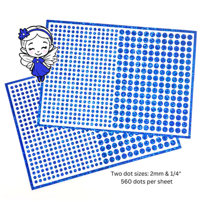 Blue Glitter Dot Stickers, set of 560, two dot sizes 2mm and 1/4 dots for meal choice, journals, planners, calendars, charts and crafts.