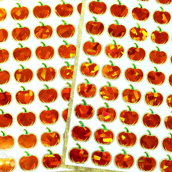 Pumpkin Stickers, set of 54 small sparkly orange pumpkin vinyl decals for fall paper crafts, journals, Autumn weddings, Halloween stickers.