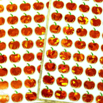 Pumpkin Stickers, set of 54 small sparkly orange pumpkin vinyl decals for fall paper crafts, journals, Autumn weddings, Halloween stickers.