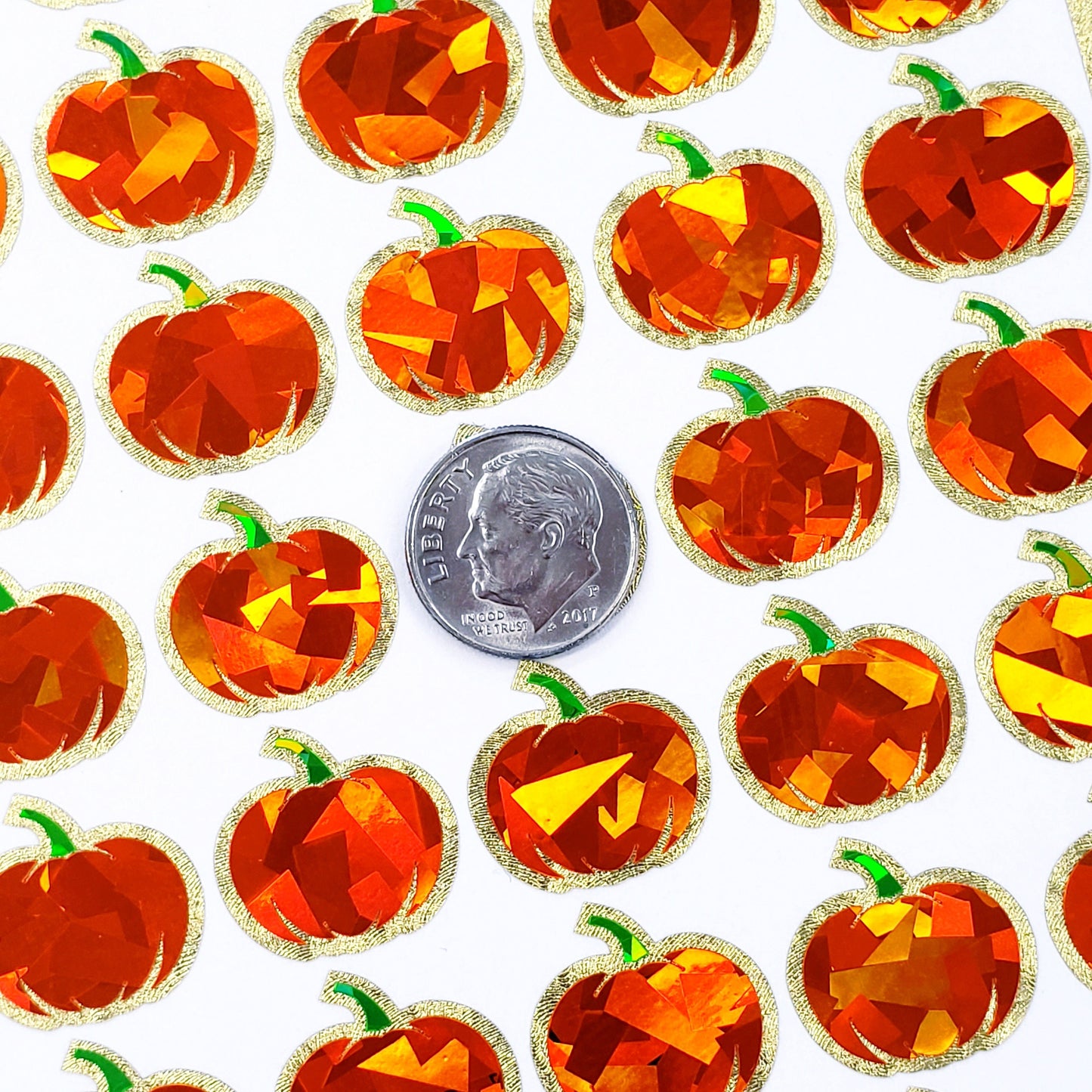 Pumpkin Stickers, set of 54 small sparkly orange pumpkin vinyl decals for fall paper crafts, journals, Autumn weddings, Halloween stickers.