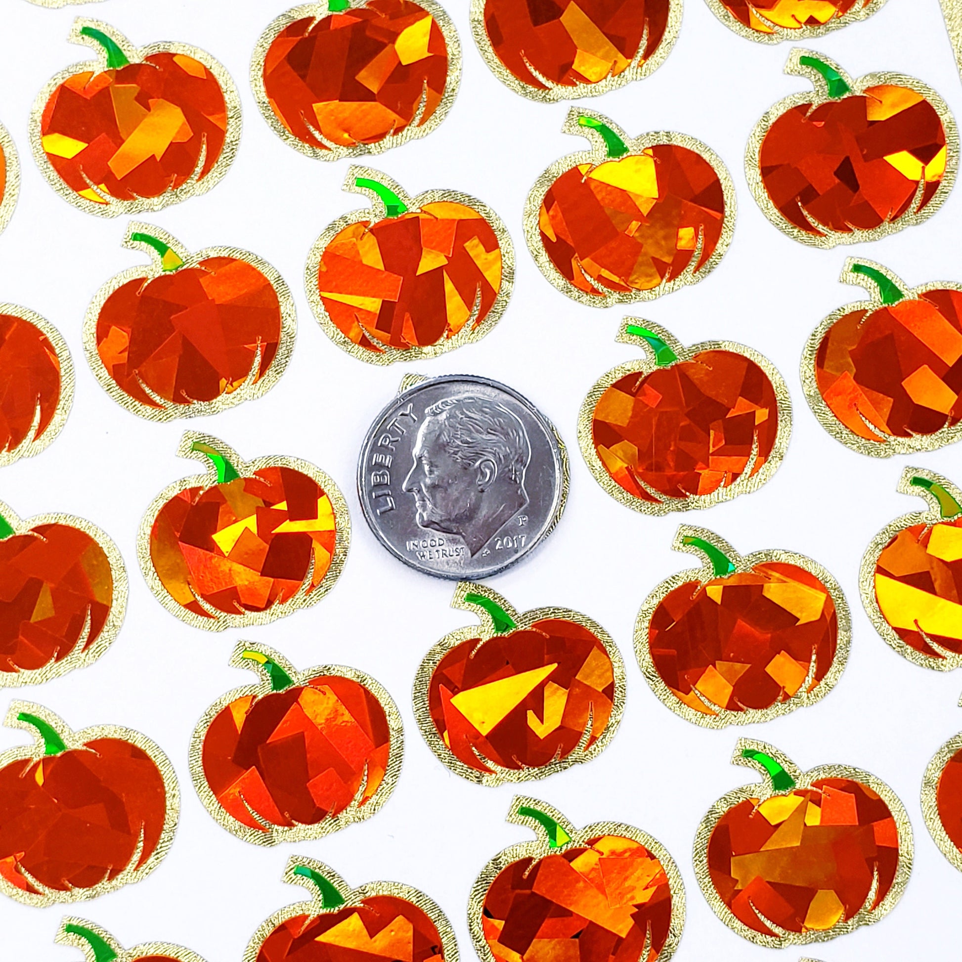 Pumpkin Stickers, set of 54 small sparkly orange pumpkin vinyl decals for fall paper crafts, journals, Autumn weddings, Halloween stickers.