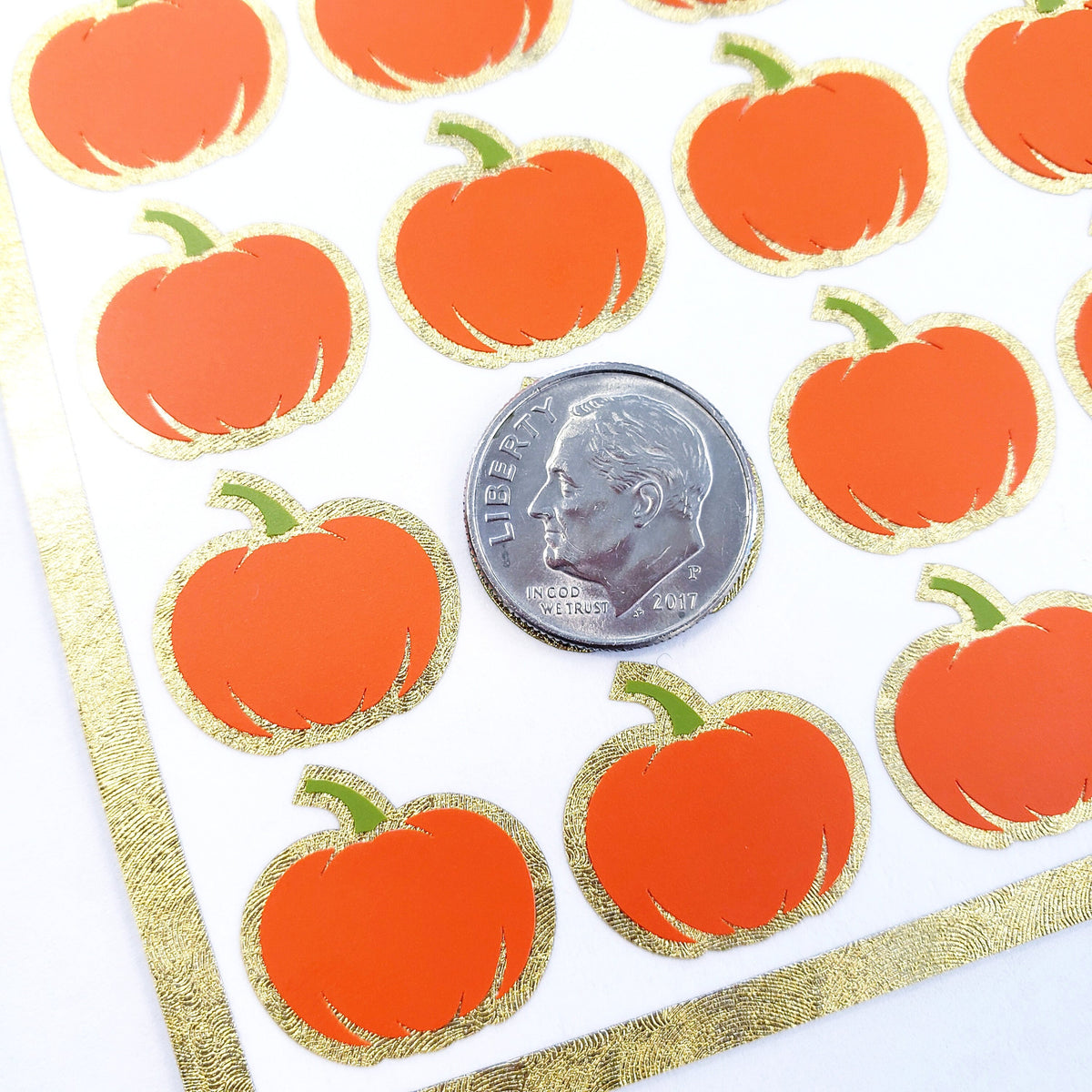 Orange Pumpkin Stickers, set of 54 small pumpkin vinyl decals for fall paper crafts, journals, Autumn weddings, Halloween stickers.