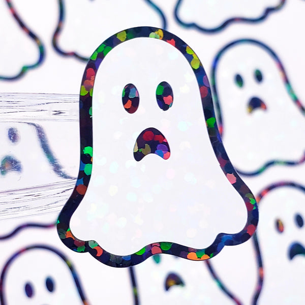 Ghost Stickers, set of 30 sparkly spooky season stickers for Halloween decor, trick or treat bags, paper crafts and scrapbook pages.