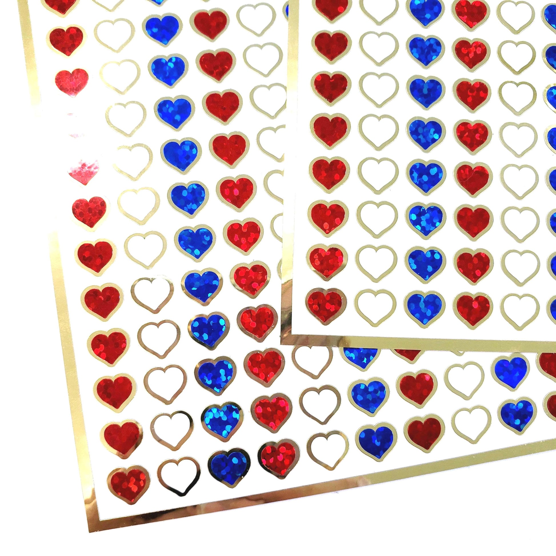 Extra Small Patriotic Heart Stickers, set of 228 sparkly red, white and blue waterproof hearts with gold outline, 8mm hearts.