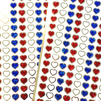 extra small red white and blue sparkly heart stickers.