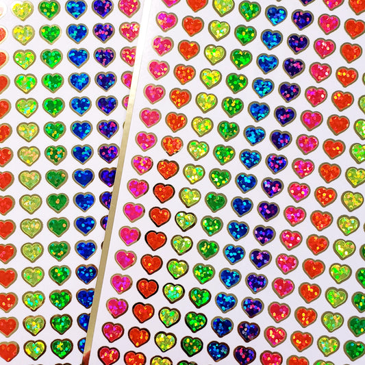 Extra Small Colorful Heart Stickers, set of 228 sparkly multi color waterproof hearts with gold outline, 8mm hearts.