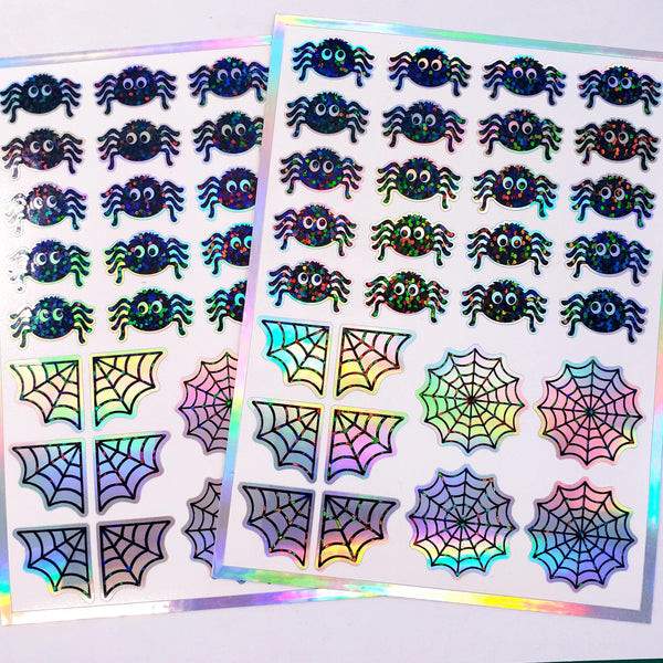 Cute Halloween Spider Stickers, set of 30 spiders and web stickers for cards, journals, notebooks and fall crafts.
