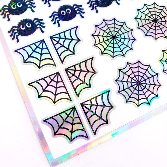 Cute Halloween Spider Stickers, set of 30 spiders and web stickers for cards, journals, notebooks and fall crafts.