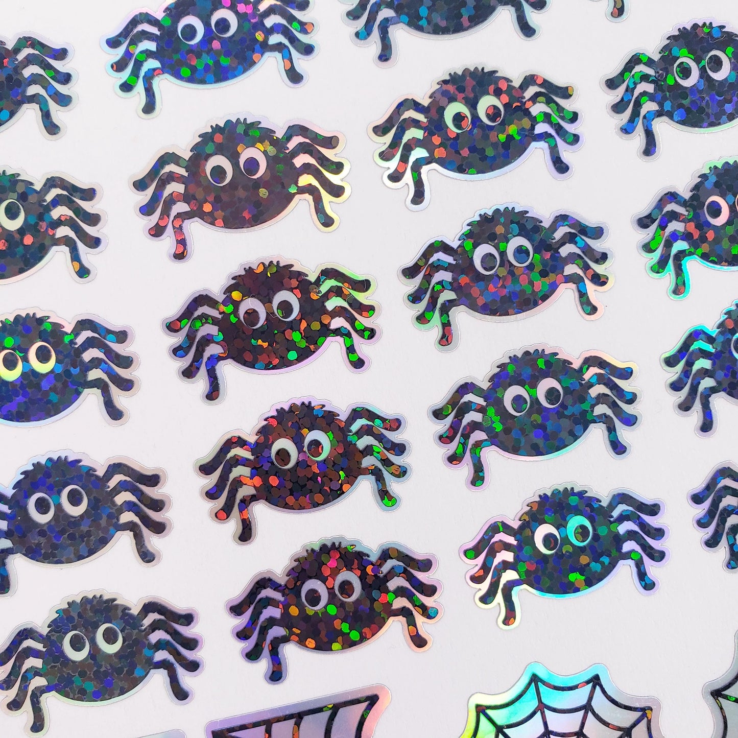 Cute Halloween Spider Stickers, set of 30 spiders and web stickers for cards, journals, notebooks and fall crafts.