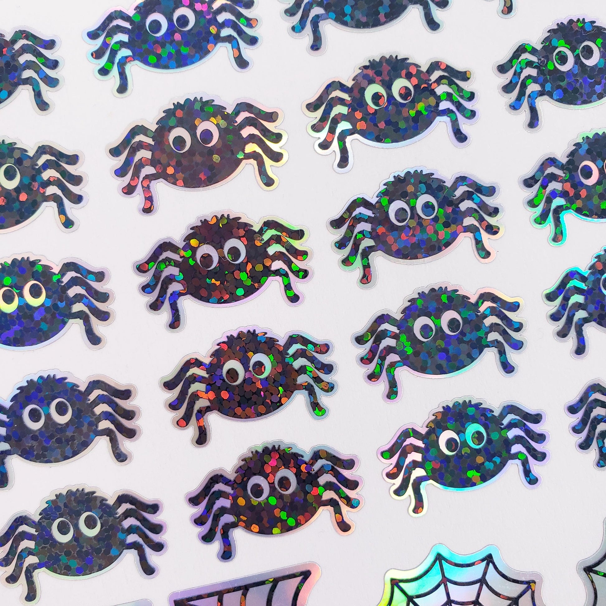 Cute Halloween Spider Stickers, set of 30 spiders and web stickers for cards, journals, notebooks and fall crafts.