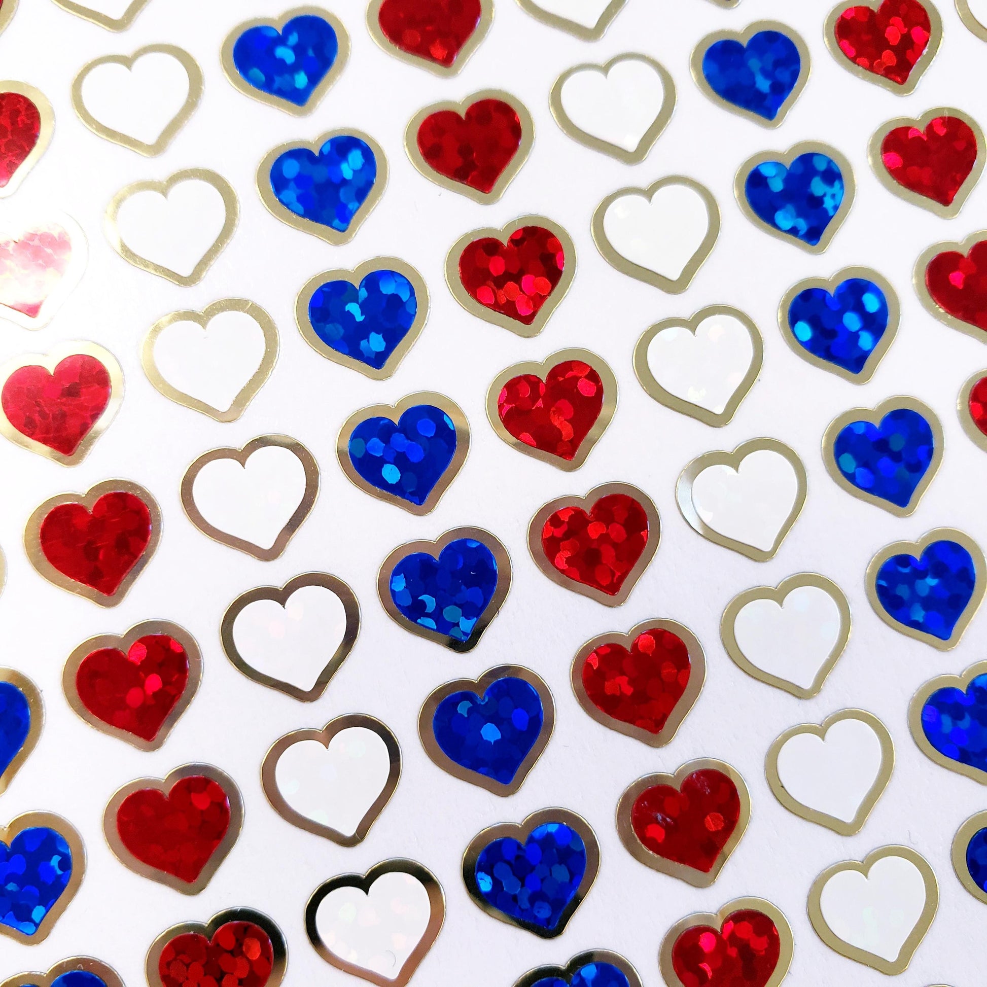 Extra Small Patriotic Heart Stickers, set of 228 sparkly red, white and blue waterproof hearts with gold outline, 8mm hearts.