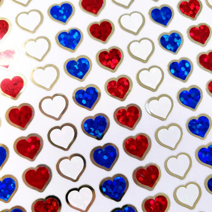 Extra Small Patriotic Heart Stickers, set of 228 sparkly red, white and blue waterproof hearts with gold outline, 8mm hearts.
