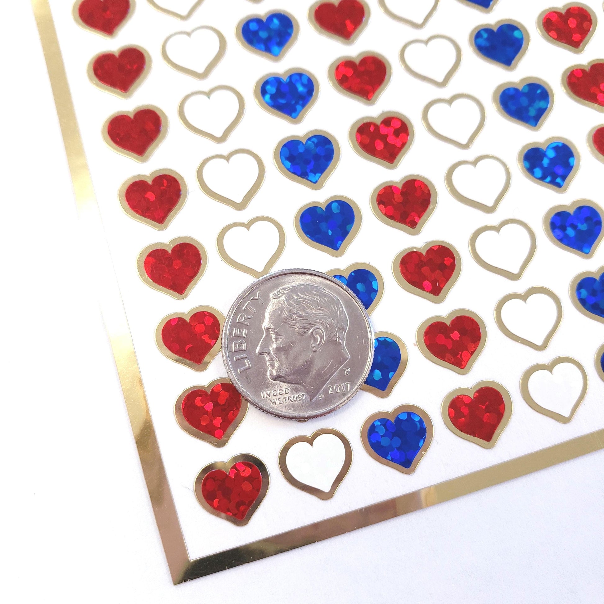 Extra Small Patriotic Heart Stickers, set of 228 sparkly red, white and blue waterproof hearts with gold outline, 8mm hearts.