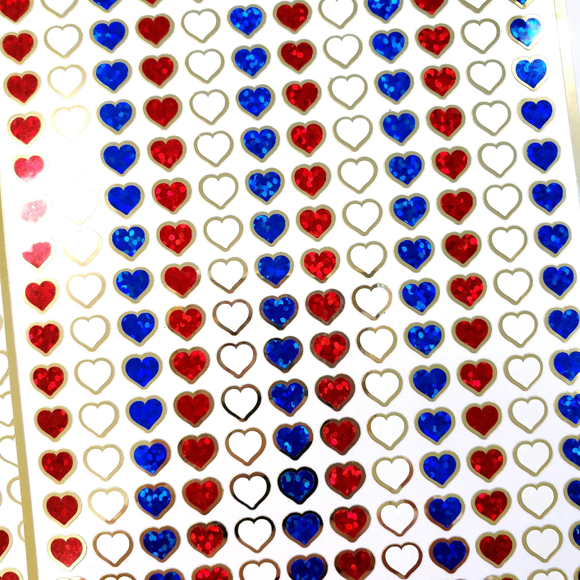 Extra Small Patriotic Heart Stickers, set of 228 sparkly red, white and blue waterproof hearts with gold outline, 8mm hearts.
