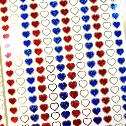 Extra Small Patriotic Heart Stickers, set of 228 sparkly red, white and blue waterproof hearts with gold outline, 8mm hearts.