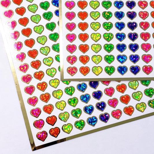 Extra Small Colorful Heart Stickers, set of 228 sparkly multi color waterproof hearts with gold outline, 8mm hearts.