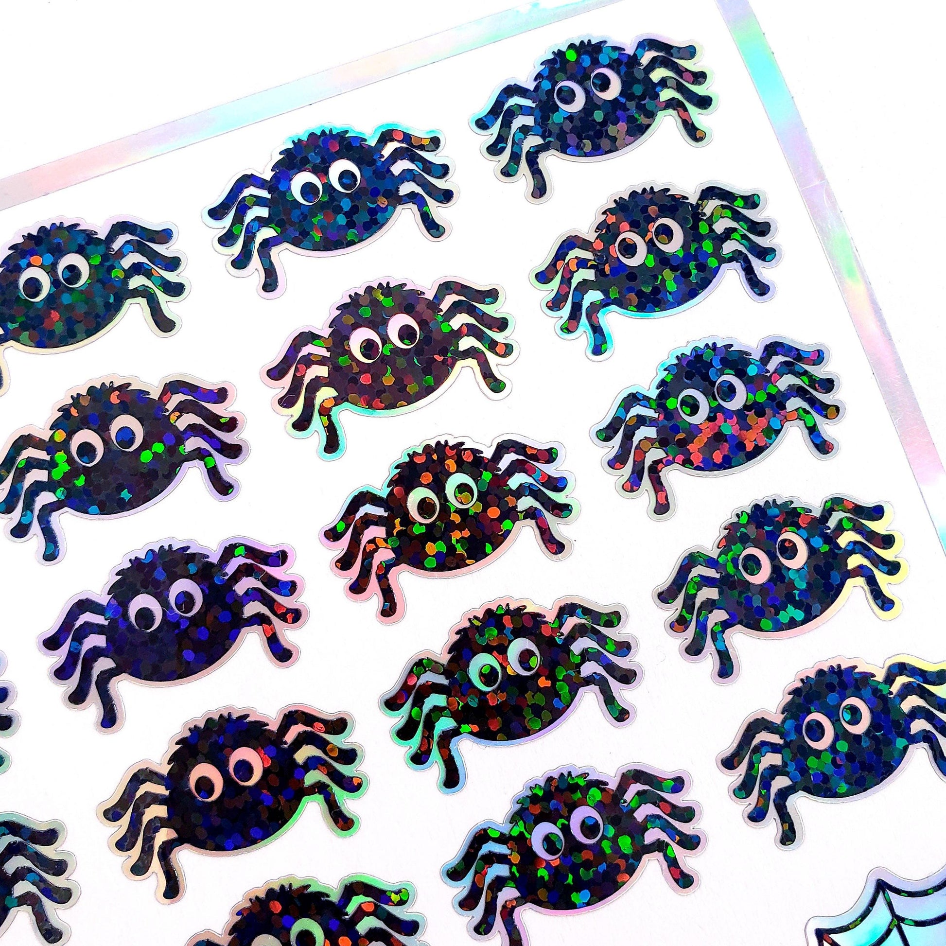 Cute Halloween Spider Stickers, set of 30 spiders and web stickers for cards, journals, notebooks and fall crafts.