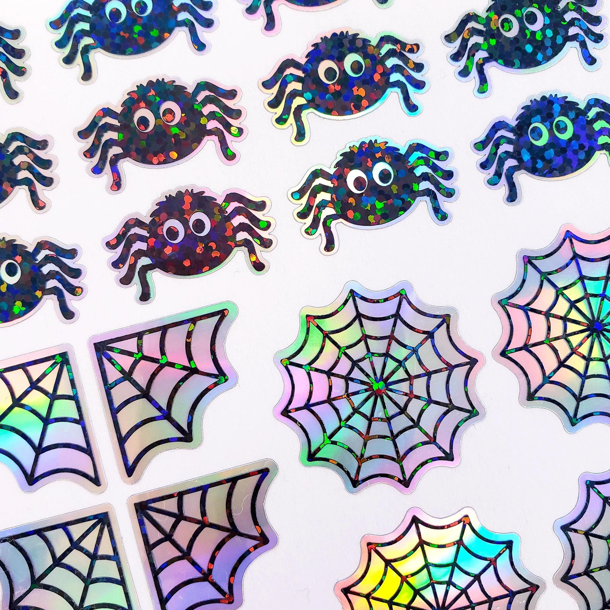 Cute Halloween Spider Stickers, set of 30 spiders and web stickers for cards, journals, notebooks and fall crafts.