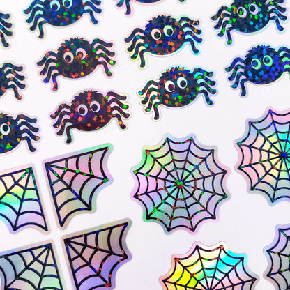 Cute Halloween Spider Stickers, set of 30 spiders and web stickers for cards, journals, notebooks and fall crafts.