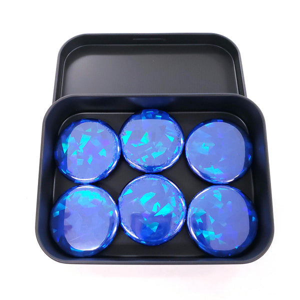 Set of 6 Sapphire Blue Round Button Fridge Magnet Set, black metal gift tin included