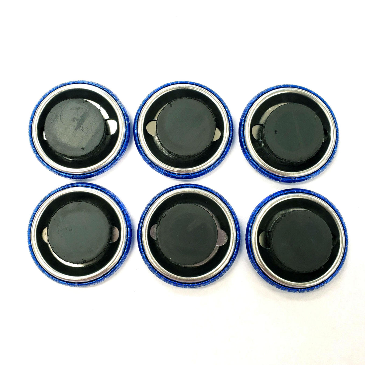 Set of 6 Sapphire Blue Round Button Fridge Magnet Set, black metal gift tin included