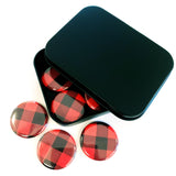 Set of 6 Red and Black Buffalo Plaid Pattern Round Button Fridge Magnet Set, black metal tin included