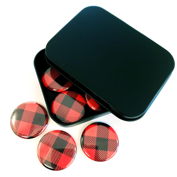 Set of 6 Red and Black Buffalo Plaid Pattern Round Button Fridge Magnet Set, black metal tin included