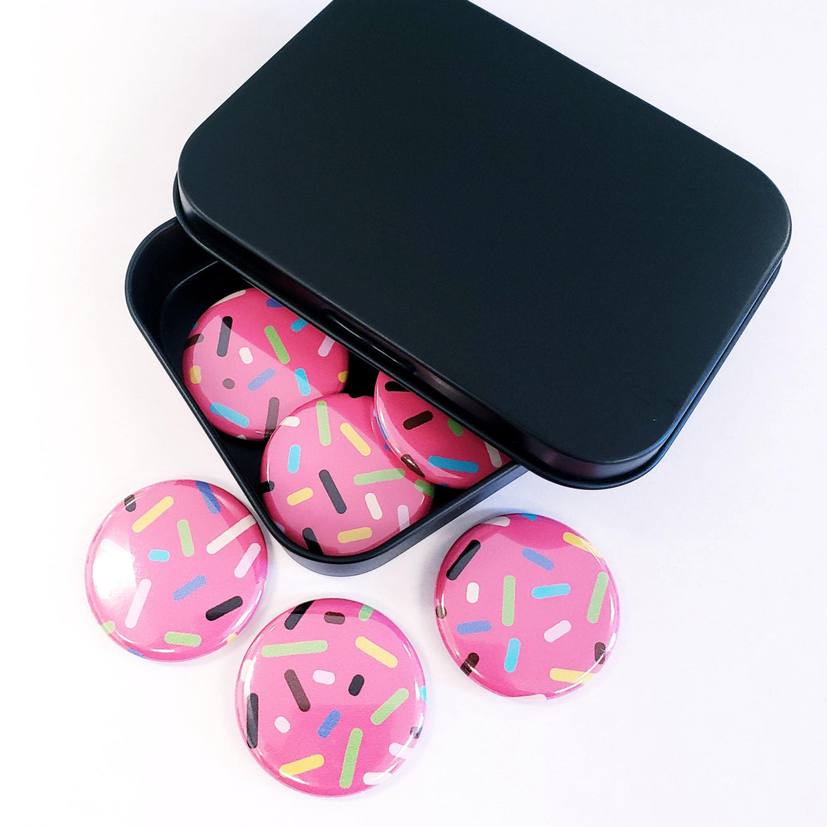 Set of 6 Cute Pink Cupcake Sprinkles Round Button Fridge Magnet Set, black metal tin included