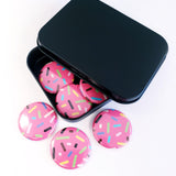 Set of 6 Cute Pink Cupcake Sprinkles Round Button Fridge Magnet Set, black metal tin included