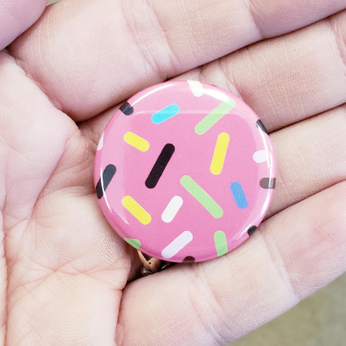Set of 6 Cute Pink Cupcake Sprinkles Round Button Fridge Magnet Set, black metal tin included