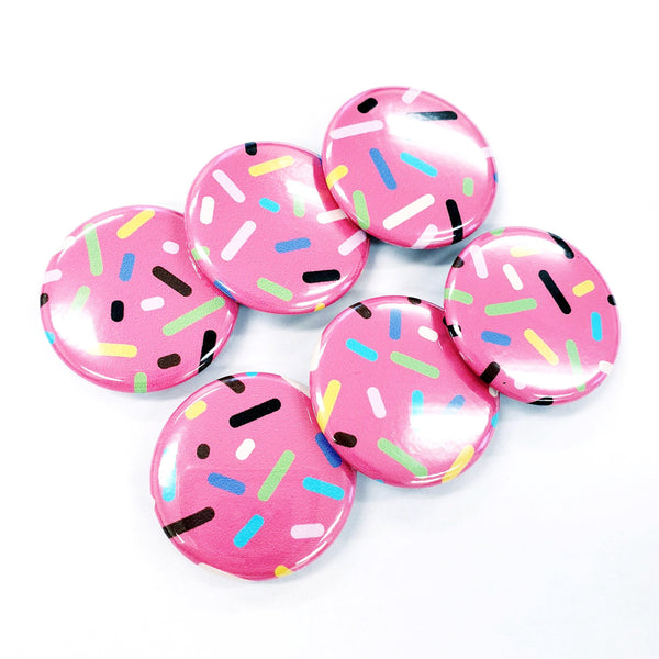 Set of 6 Cute Pink Cupcake Sprinkles Round Button Fridge Magnet Set, black metal tin included