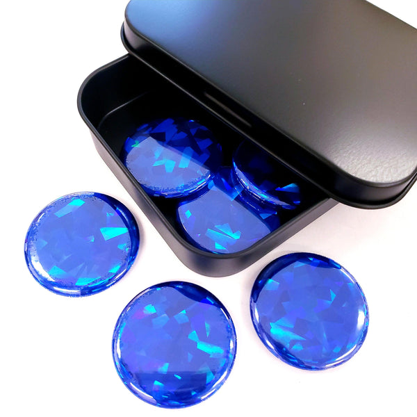 Set of 6 Sapphire Blue Round Button Fridge Magnet Set, black metal gift tin included