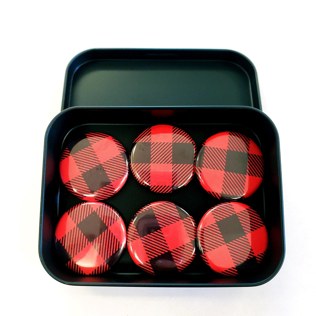 Set of 6 Red and Black Buffalo Plaid Pattern Round Button Fridge Magnet Set, black metal tin included