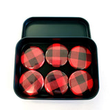 Set of 6 Red and Black Buffalo Plaid Pattern Round Button Fridge Magnet Set, black metal tin included