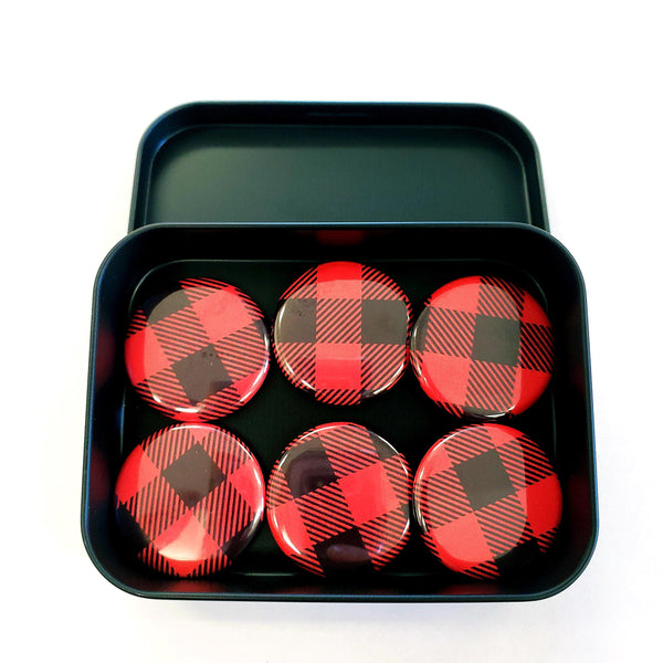 Set of 6 Red and Black Buffalo Plaid Pattern Round Button Fridge Magnet Set, black metal tin included