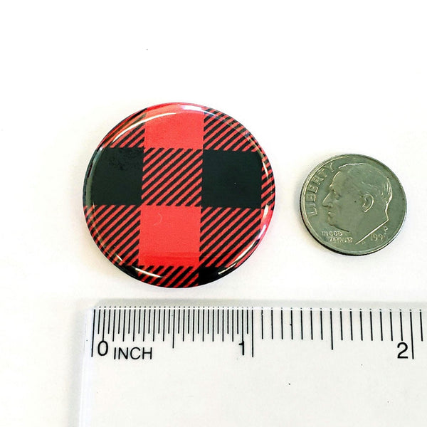 Set of 6 Red and Black Buffalo Plaid Pattern Round Button Fridge Magnet Set, black metal tin included
