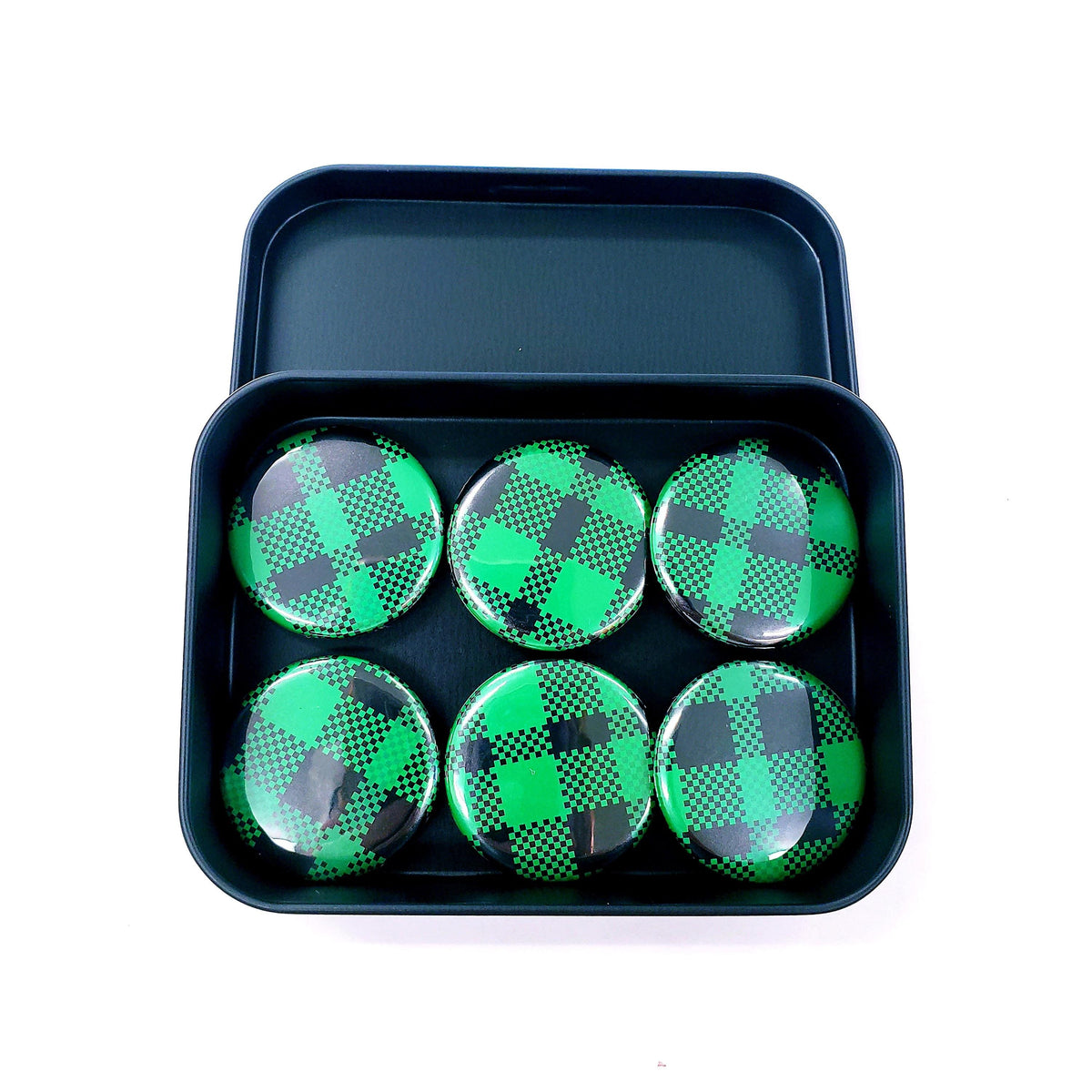 Set of 6 Green and Black Plaid Pattern Round Button Fridge Magnet Set, black metal tin included