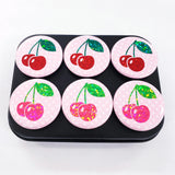 Cherry Fridge Magnets, Set of 6 round magnets for message boards and calendars, includes black metal container with lid, cute retro style.