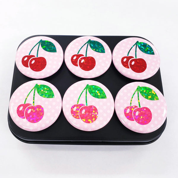 Cherry Fridge Magnets, Set of 6 round magnets for message boards and calendars, includes black metal container with lid, cute retro style.