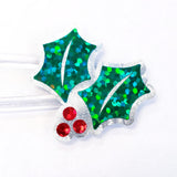 Christmas Holly Stickers, set of 20 sparkly red berry and green holly leaf stickers for holiday decor, gift tags and cards. Silver outline.