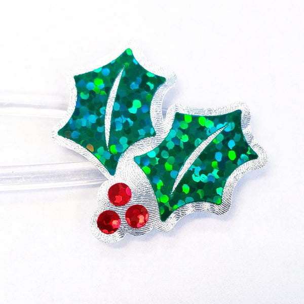 Christmas Holly Stickers, set of 20 sparkly red berry and green holly leaf stickers for holiday decor, gift tags and cards. Silver outline.