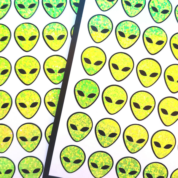 Alien Head Stickers, set of 42 sparkly space alien stickers for cards, invitations journals and scrapbook pages.