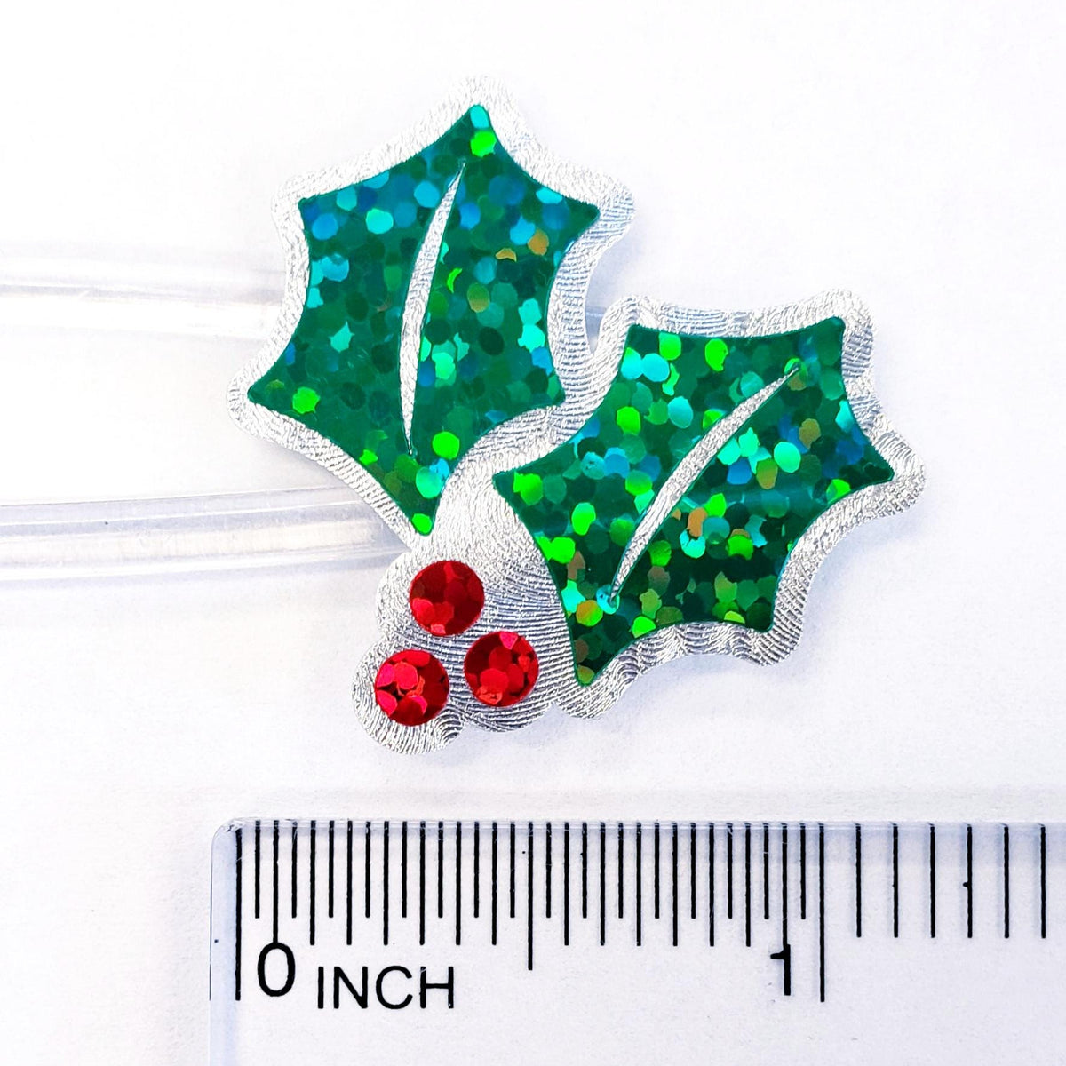 Christmas Holly Stickers, set of 20 sparkly red berry and green holly leaf stickers for holiday decor, gift tags and cards. Silver outline.