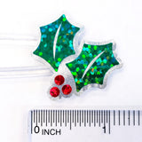 Christmas Holly Stickers, set of 20 sparkly red berry and green holly leaf stickers for holiday decor, gift tags and cards. Silver outline.