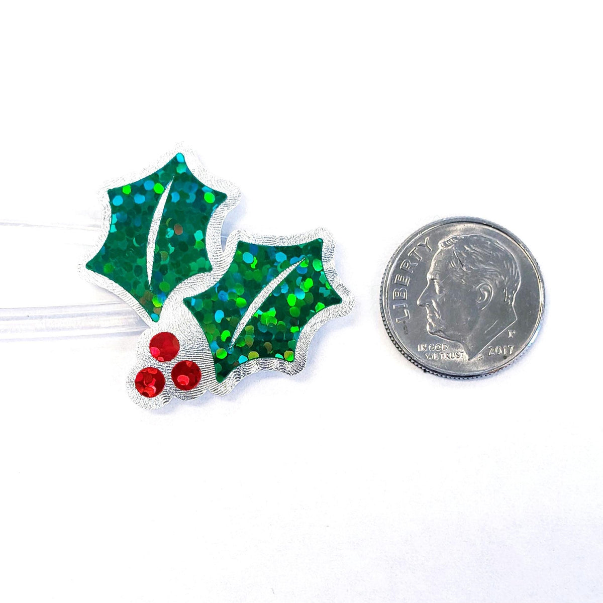 Christmas Holly Stickers, set of 20 sparkly red berry and green holly leaf stickers for holiday decor, gift tags and cards. Silver outline.