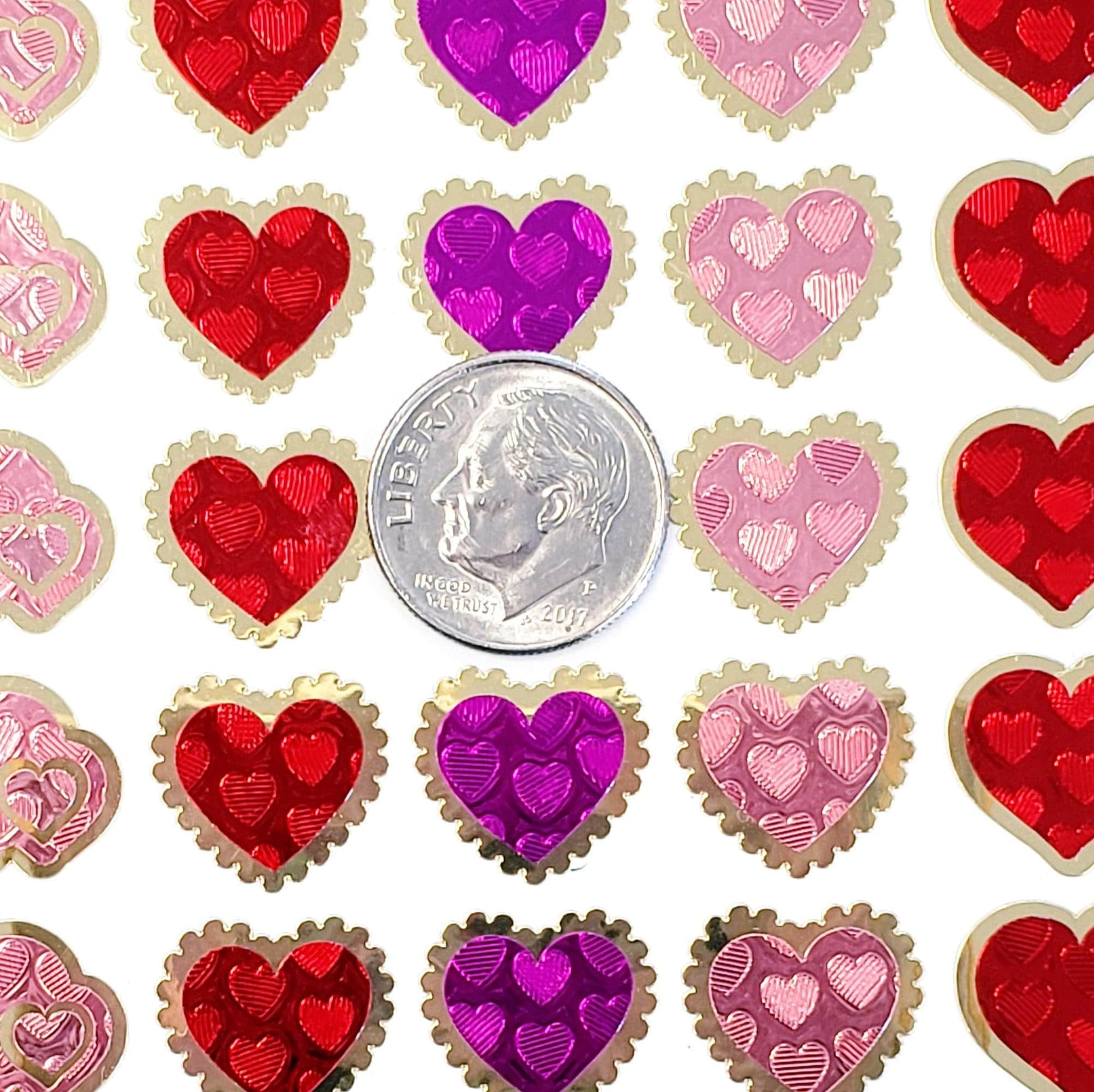Heart Stickers for Valentine's Day, set of 78 small pink and red heart decals for cards, envelopes, journals, and scrapbook embellishments.
